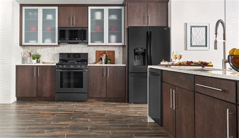 dark cabinets with stainless steel appliances|cabinet colors with black appliances.